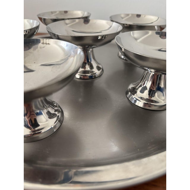 1970s Vintage Sorbet Bowl with Serving Tray in Stainless Steel, 1970s, Set of 7 For Sale - Image 5 of 9