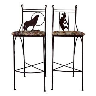 Vintage Native American Coyote & Kokopelli Handmade Brutalist Metal Bar Stools – A Pair For Sale