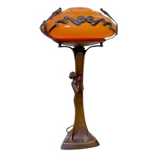 Art Nouveau Style Figural Bronze Lamp Loetz Style Orange Art Glass Shade, 20th C For Sale