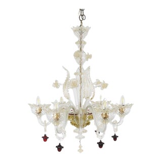 Mid-Century Baroque Style Gold Infused Murano Chandelier With Red Baubles For Sale