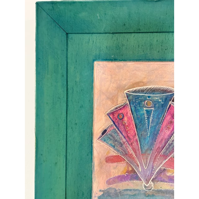 Teal “Express Yourself” Vintage 1989 Tom Roll Abstract Mixed Media Painting in Teal Frame, 18" X 20" For Sale - Image 8 of 9