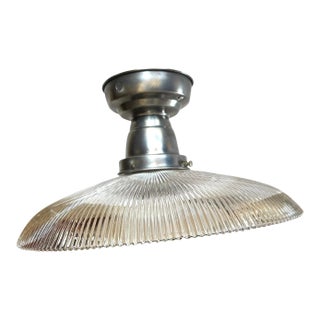 1930s Large Pagoda Shape and Stamped Holophane Shade on Old Nickel Plated Flushmount Holder For Sale