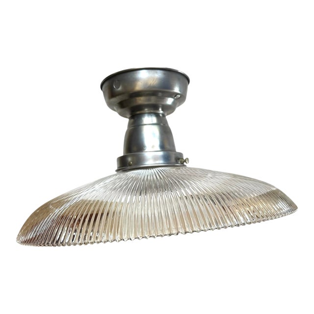 1930s Large Pagoda Shape and Stamped Holophane Shade on Old Nickel Plated Flushmount Holder For Sale