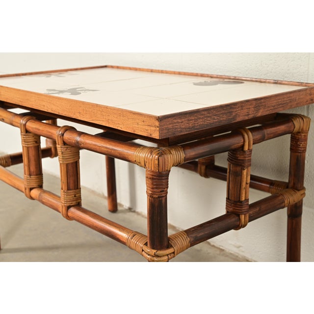 Brown John Wisner for Ficks Reed Mid-Century Hollywood Regency Bamboo Rattan Tile Top Side Tables, 1950s For Sale - Image 8 of 10