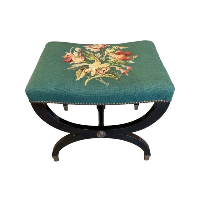 Early 20th Century Teal Floral Needlepoint Beach. Teal Needlepoint Seat with Pink, Cream and Green Floral Design. Brass...