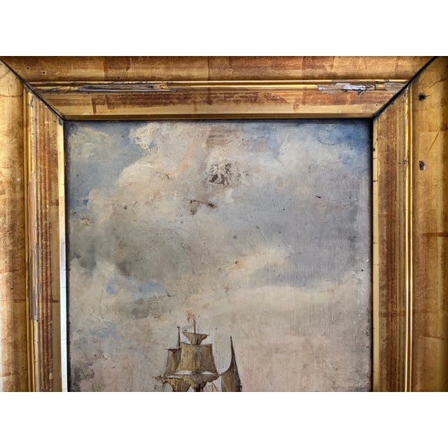 Blue Late 19th Century Maritime Seascape Oil on Board in Original Giltwood Frame For Sale - Image 8 of 11