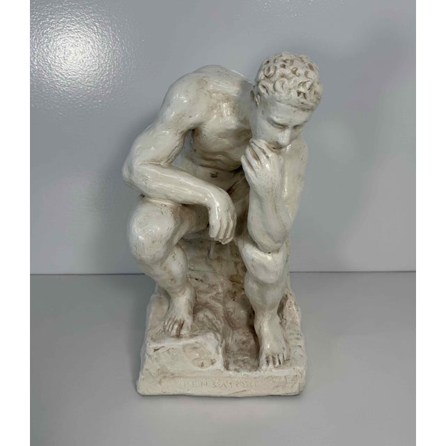 Mid-Century Modern After Auguste Rodin, The Thinker Sculpture, White Glazed Terracotta, 1950s For Sale - Image 3 of 11