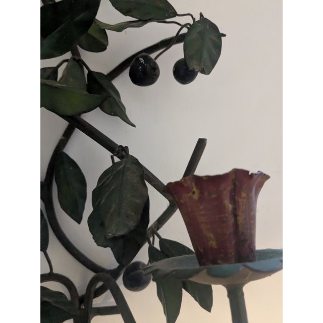 Pair of Antique Italian Wall Sconces;Toleware and Iron; Leaf and Branch Design For Sale - Image 9 of 9