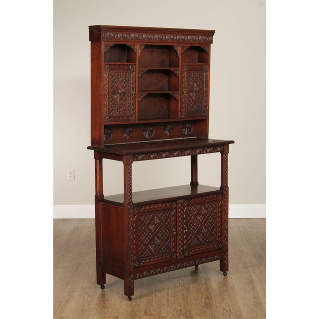 High Quality Solid Wood Two-Piece Server Cabinet With Intricately Carved Doors and Backsplash, on Rolling Casters