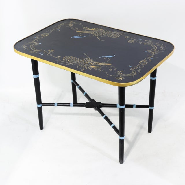Pair of Vintage Black Lacquer Chinoiserie Side Tables With Gilt Peacock Motif For Sale In New York - Image 6 of 16