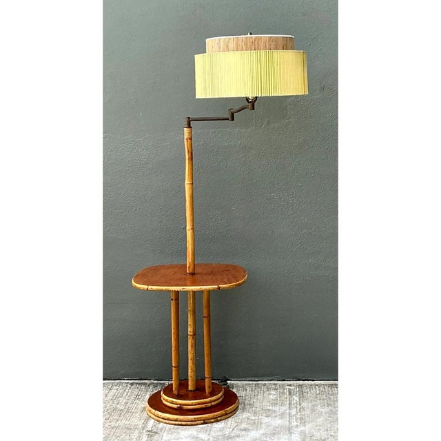Camel Vintage MCM Bamboo Floor Lamp With Integrated Table For Sale - Image 8 of 13