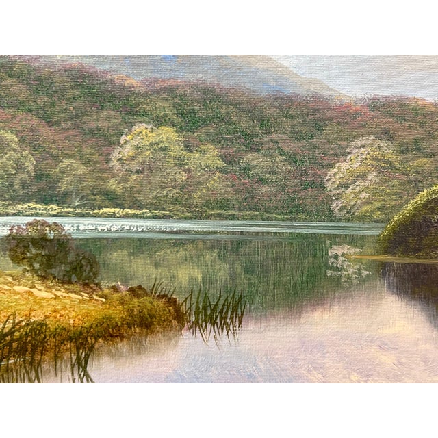 Mountain Lake Oil Painting of a Loch in the Scottish Highlands by British Artist 1980 Circa For Sale - Image 4 of 14