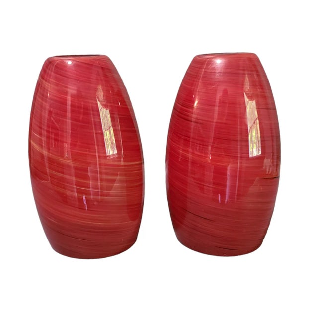 A Pair of Vintage Art Cashed Glass Attributed Murano Red Pendant Shades For Sale - Image 6 of 6