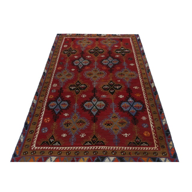 Tribal Handwoven Vintage Tribal Kilim in Red With Blue and Brown Geometric Patterns For Sale - Image 3 of 7