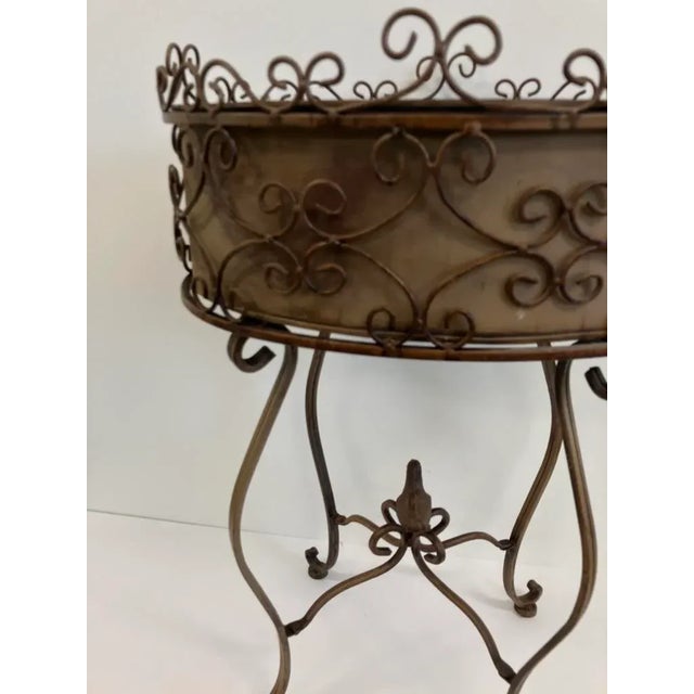 Vintage Wrought Iron Plant Stand – Decorative Scrollwork Jardinière For Sale - Image 4 of 7