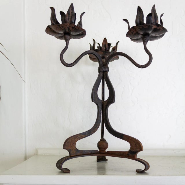 Rustic Wrought Iron Art Nouveau Lotus Candelabra For Sale - Image 6 of 11