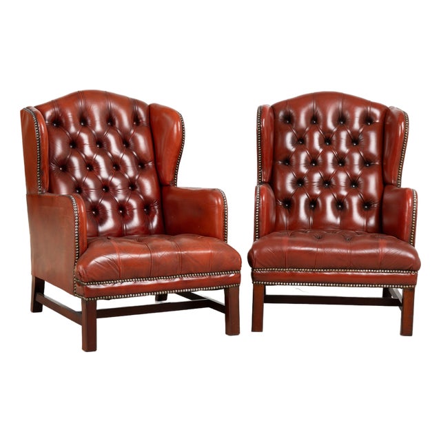 Pair of 20th Century Danish Oxblood Leather Chesterfield Wingback Club Chairs For Sale