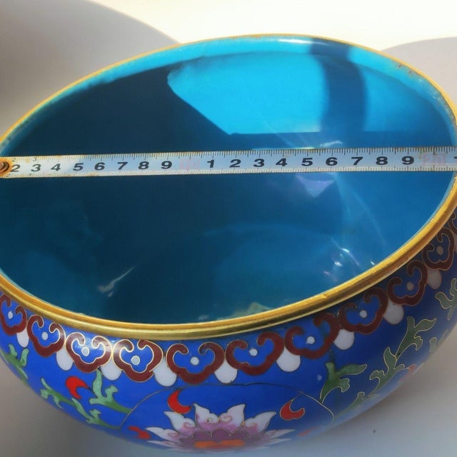 Metal Vintage Cloisonné Enamel Brush Washer – Scrolling Lotus & Vine Motif, Cobalt Blue Ground For Sale - Image 7 of 8