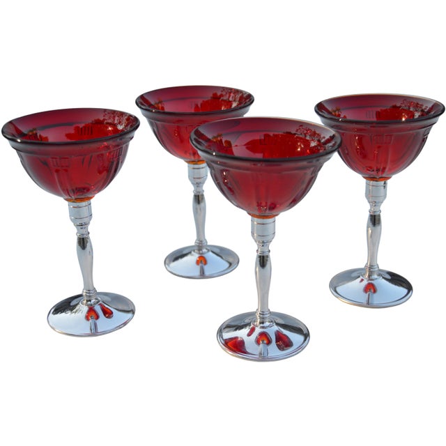 Vintage Red-Patterned & Silver Stemmed Glasses - Set of 4 For Sale - Image 4 of 10