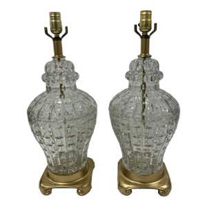 Pair of 1970s Hollywood Regency Cut Glass Lamps