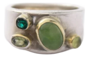 1990s Sterling Cigar Band Ring With Green Gemstones, Size 7.25