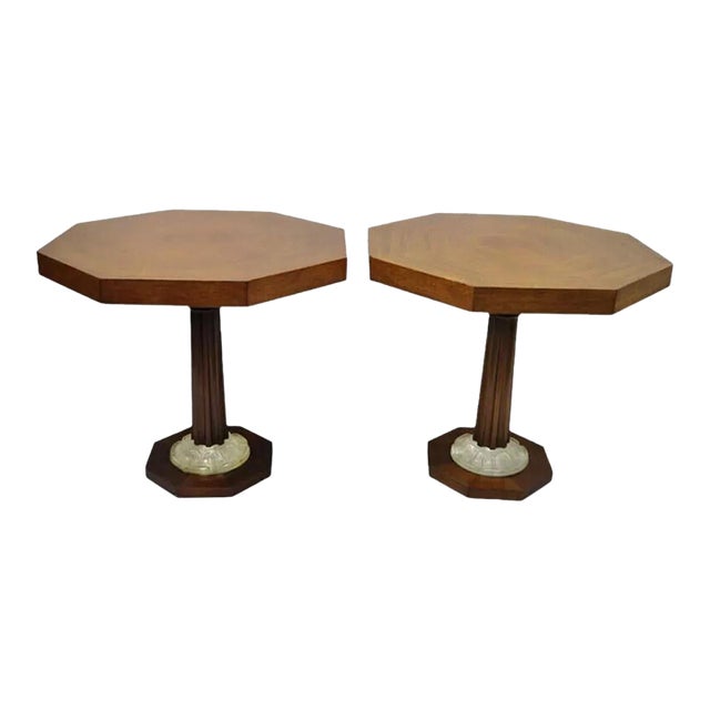 Art Deco Grosfeld House Style Octagonal Mahogany & Lucite Pedestal Side Tables - a Pair For Sale