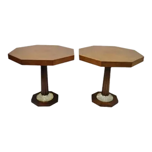 Art Deco Grosfeld House Style Octagonal Mahogany & Lucite Pedestal Side Tables - a Pair