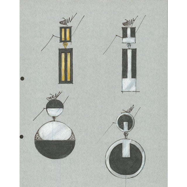 Original jewelry design sheet featuring four geometric drop-earring concepts in black, white and gold. Hand-drawn in...
