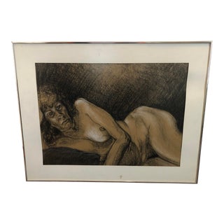 1980s Figurative Nude Portrait of Older Woman Pastel and Charcoal Sketch, Framed For Sale