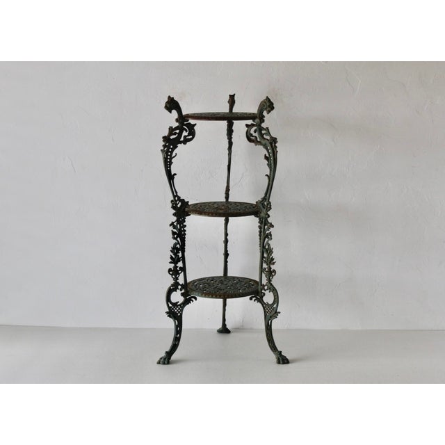 Victorian Style Cast Iron Three Tiered Jardinière Plant Stand Lion Head Paw Footed Details Vintage For Sale - Image 18 of 18