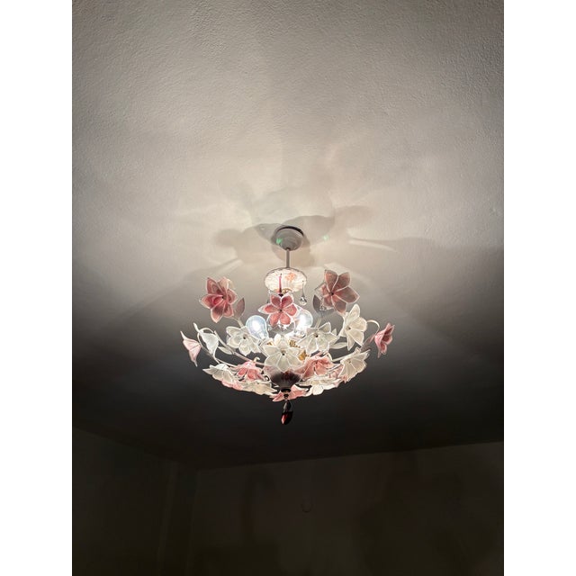 Vintage Murano Style Floral Chandelier – Romantic Pink & White Glass Bouquet Light For Sale - Image 12 of 17
