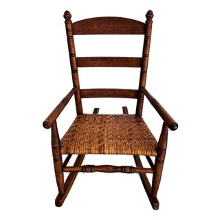 Vintage Solid Wood Child’s Rocking Chair With Woven Rush Seat Colonial Revival Style For Sale