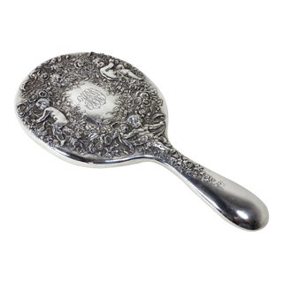 Antique Sterling Silver Cherub Hand Mirror For Sale