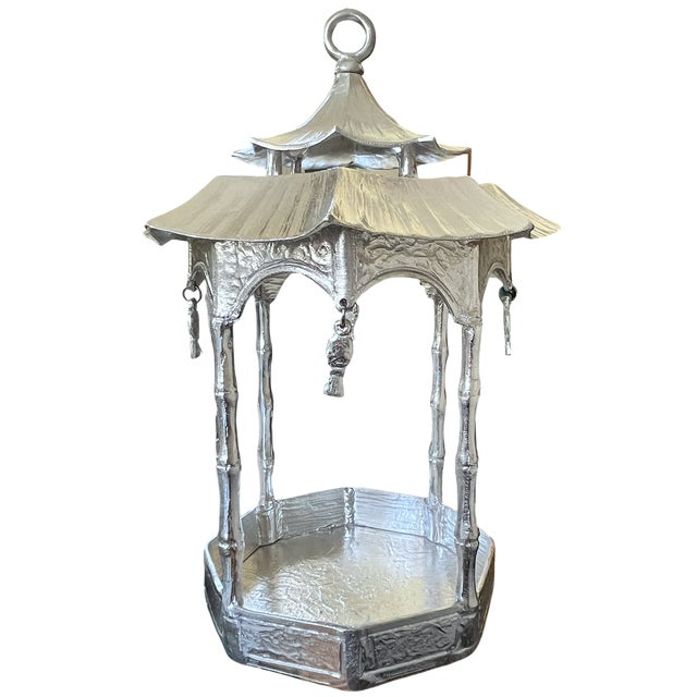 Chinoiserie 1980s Large Heavy Cast Aluminum Chinoiserie Pagoda Lantern & Centerpiece With Hanging Fish, 17" For Sale - Image 3 of 9