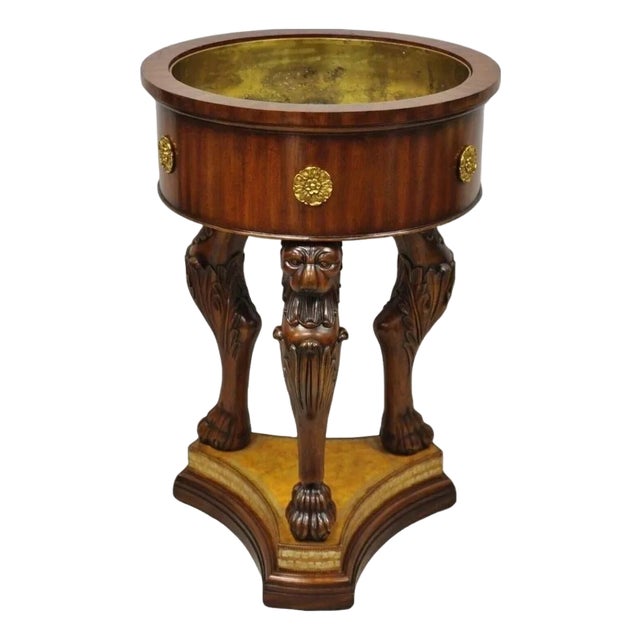 Maitland Smith Regency Style Mahogany Carved Lion Leather Base Cellarete Planter For Sale