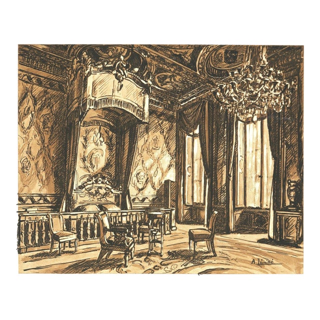 1925 French Antique Interior Lithograph-Chateau Fontainebleau, Matted For Sale