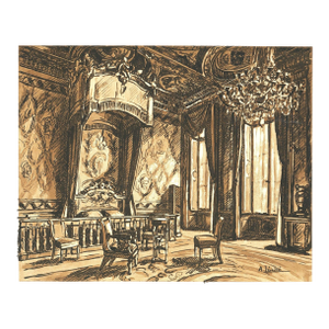 1925 French Antique Interior Lithograph-Chateau Fontainebleau, Matted