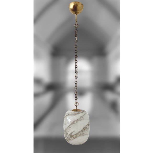 Italian Handblown Faux Alabaster Glass Pendant With Brass Chain and Fittings For Sale - Image 14 of 18