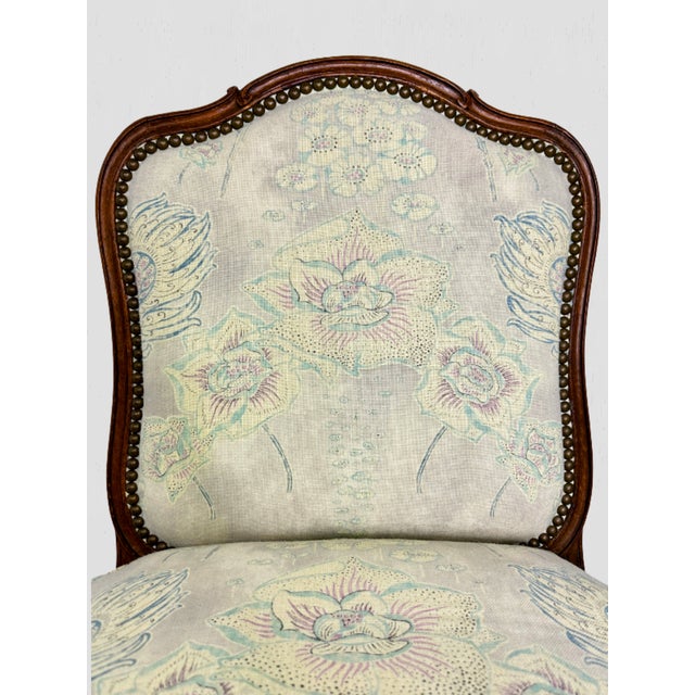 French Slipper Chair Carved Exposed Frame Floral Linen - a Pair For Sale - Image 14 of 14