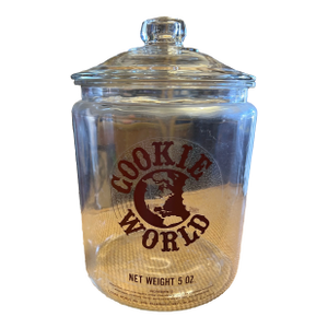 Vintage “Cookie World” Advertising Counter Snack Glass Jar With Lid