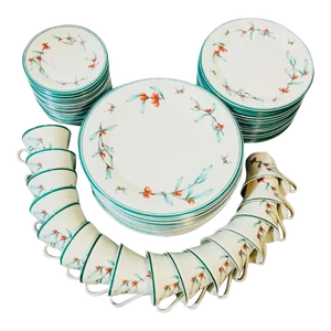 1980s Homecoming Dinnerware Set by Gorham Red Berries, Green Leaves & Trim - Set of 66