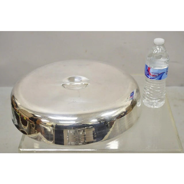 Large Vintage 15" Round Modern Stainless Steel Food Dish Serving Dome Cover. Item features a large size, clean modernist...