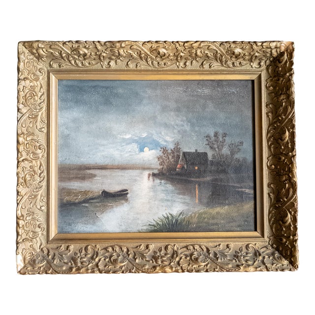 19th Century Continental European Moonlit Nocturne Landscape Painting For Sale