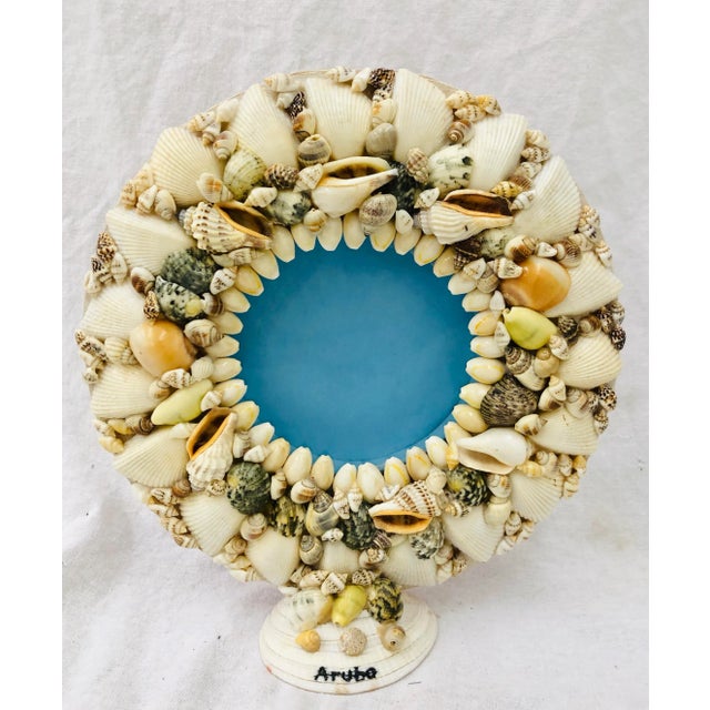 Fantastic Vintage Mid Century Era Folk Art Style Souvenir Piece from Aruba, a large round Picture Frame Covered In...