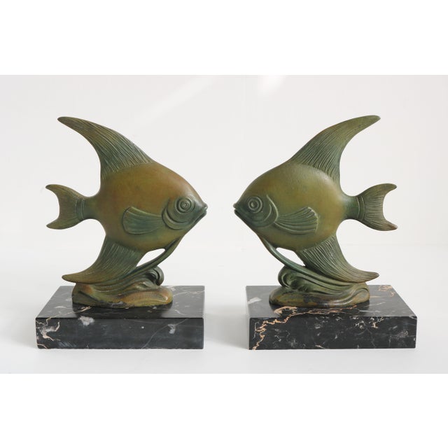 Antique Art Deco French Bookends Angelfish in Black Marble Spelter Moonfish, 1925, Set of 2 For Sale - Image 9 of 10