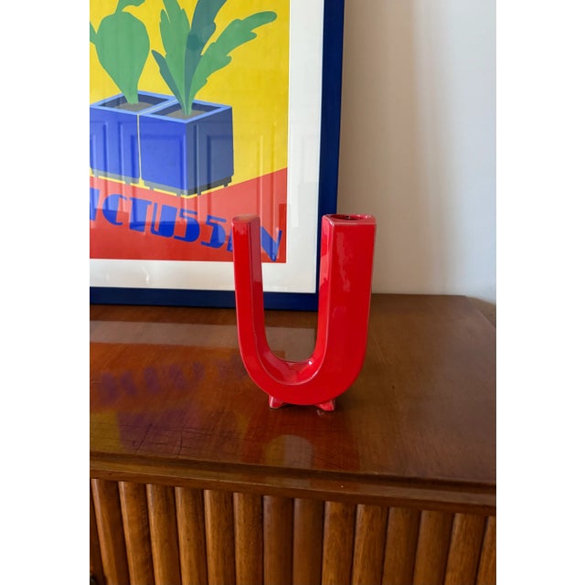 Space Age Red U Letter Shaped Ceramic Solifleur Vase, Marcel Radureau Ca. 1970 For Sale - Image 12 of 12