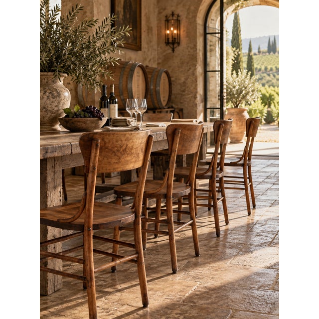 A striking set of four antique Crocker dining chairs, distinguished by their graceful curved lines, warm aged wood, and...