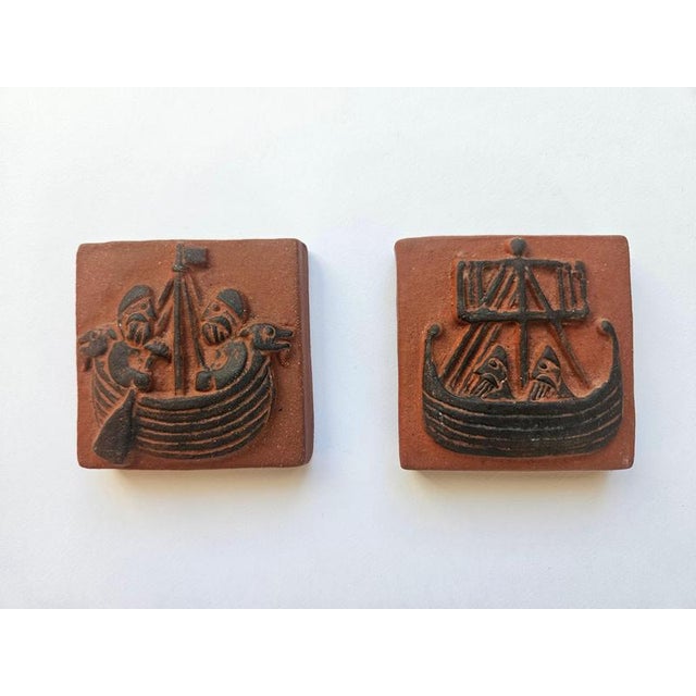 Brown Mid-Century Ceramic Tiles with Viking Motifs from Thyssen, 1960s, Set of 2 For Sale - Image 8 of 11