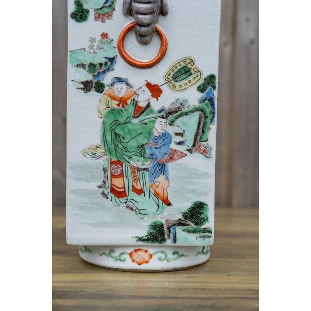 2000 - 2009 Antique Chinese Famille Verte Wucai Square Cong-Form Porcelain Vase For Sale - Image 5 of 18