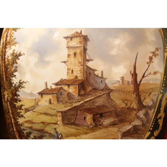 Napoleon III Blue Royal Lidded Vases Hand Painted Landscapes and Bronze Handles, Set of 2 For Sale - Image 17 of 18